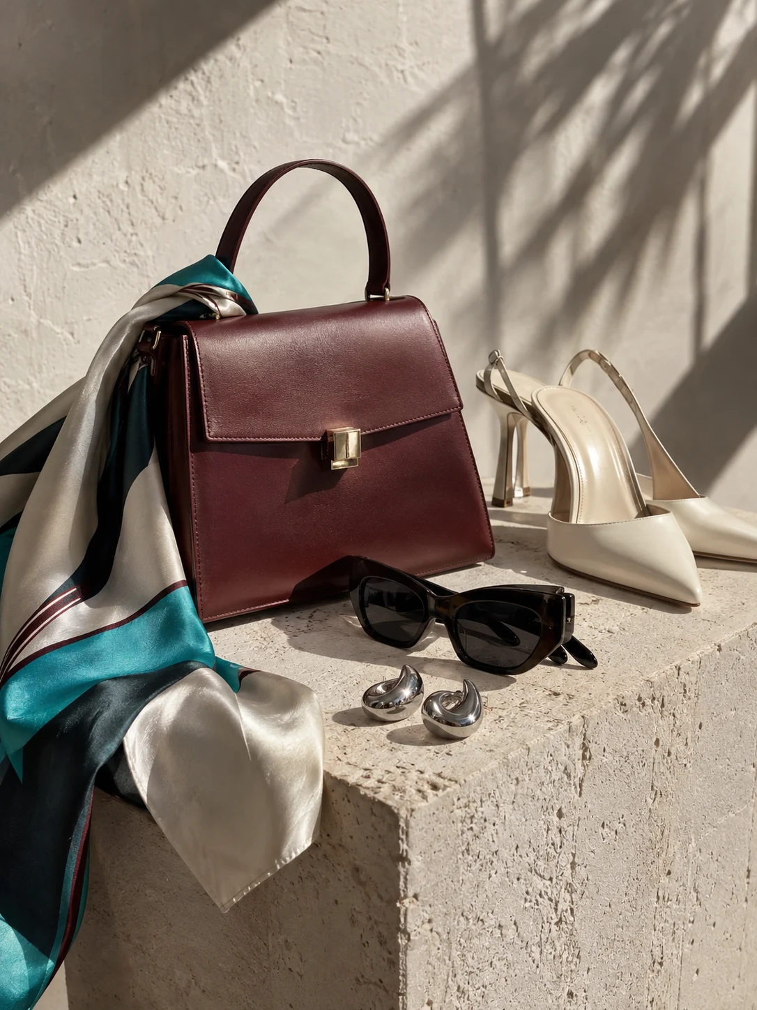 Burgundy bag, jewellery, sunglasses and shoes