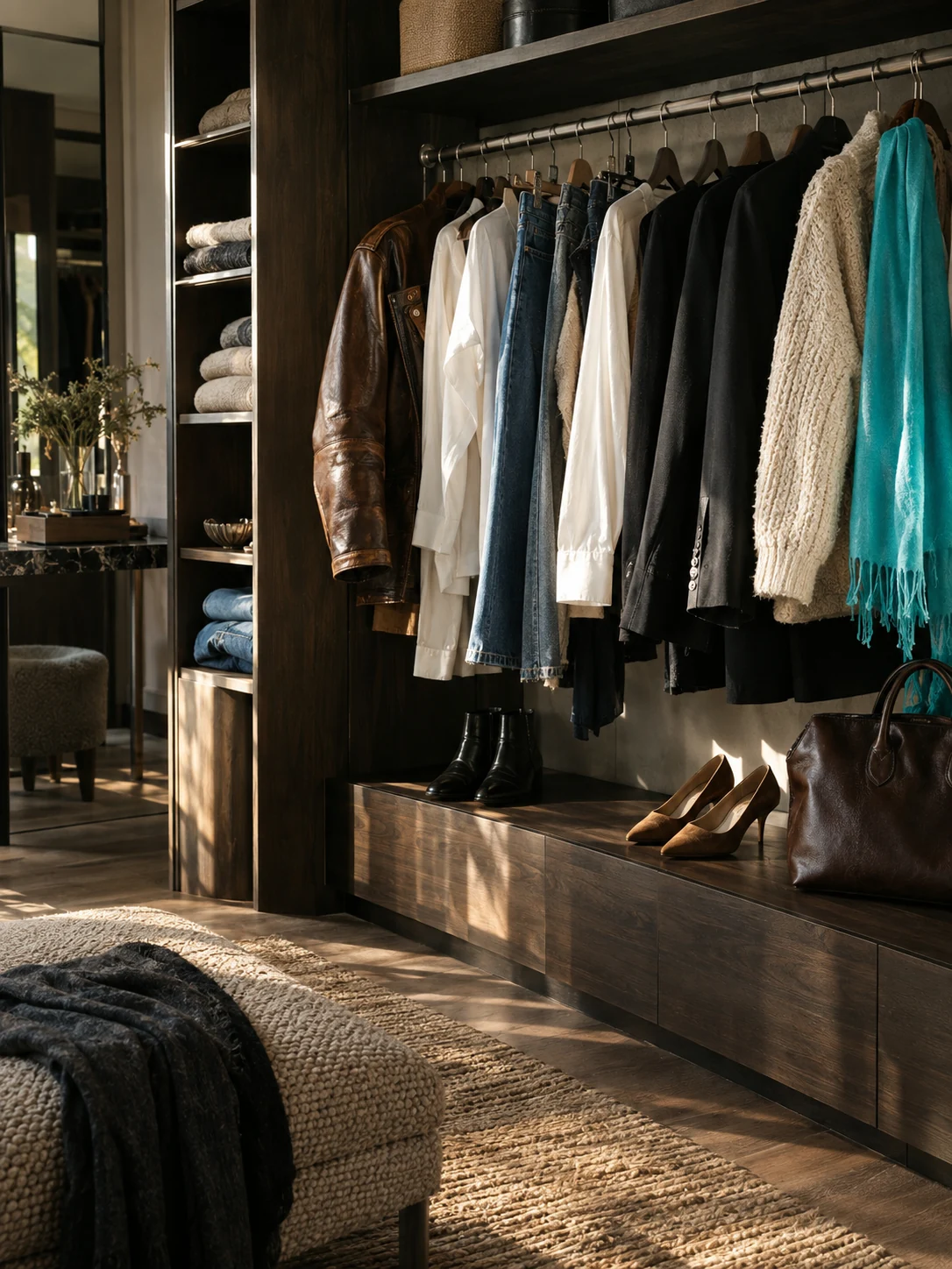 A curated wardrobe of denim, leather and knitwear